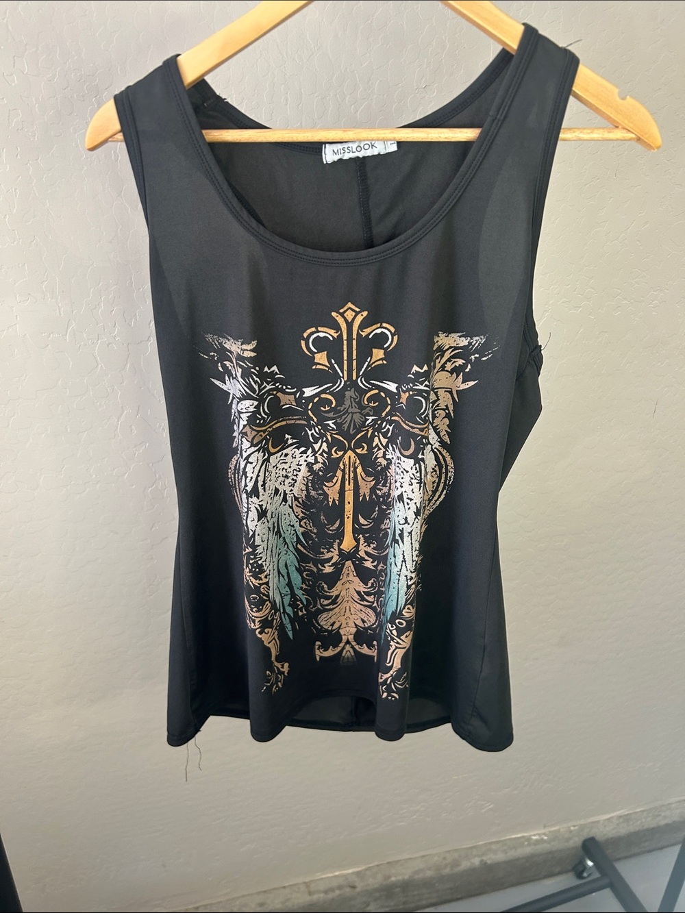 Misslook Black Graphic Tank Top Size Large Boho Festival Flowy Sleeveless